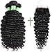 beauty youth Brazilian Deep Wave Human Hair 3 bundles with Closure(12 14 16 + 12) Unprocessed Deep Curly Hair Weave Bundles with Lace Closure Free Part Deep Wave Hair Wet and Wavy