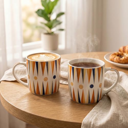 Image of UPC Coffee Mug Set of 6 | White Retro Geometric Triangle Print | Orange & Navy Blue Boho Pattern | Bone China Tea & Coffee Cups | Microwave Safe | Home & Kitchen