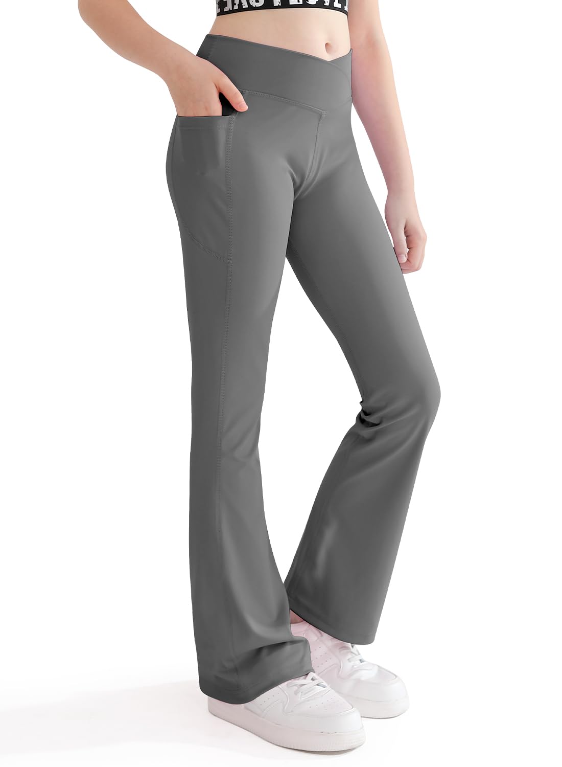 Nutyomi Girls Flare Yoga Leggings Cross High Waisted Flared Pants Dance Cute Activewear Kids Pants with Pockets 5-13 Years