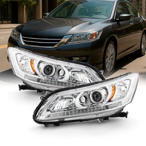 AKKON - Fits 2013 2014 2015 Honda Accord 4Door Sedan [Halogen Type] Chrome Clear Headlights Pair Left Driver+Right Passenger
