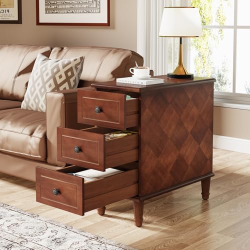 LITTLE TREE Fully Assembled End Table, Set of 2 Narrow Side Table with 3 Drawers, Pre-Assembled Nightstand Slim Bedside Table for Small Spaces, Living Room, Bedroom, Brown by LITTLE TREE - Image 2