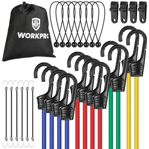 WORKPRO Bungee Cords Heavy Duty Outdoor - 30PCS Bungee Cords with Hooks in a Storage Bag Includes 18", 24", 32", 40" Bungie Cord Bundle Assortment with Metal Hook, Bungee Straps