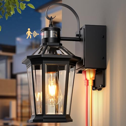 Image of Gleamz Porch Lights with GFCI Outlet, Black Motion Sensor Wall Light
