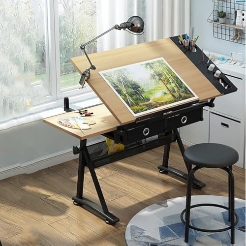 OTQEFTN Adjustable Drawing Desk with Tiltable Top, 2 Storage Drawers, Stool, and Heavy-Duty Frame, Art Desk, Drafting Table, Computer Desk