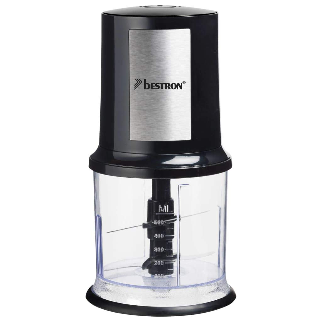 Bestron picadora electrica, Máquina picadora eléctrica con dos cuchillas de corte y capacidad de 500 ml, botón de pulso grande, 400 vatios, AKC200, Color: Negro/​Plata