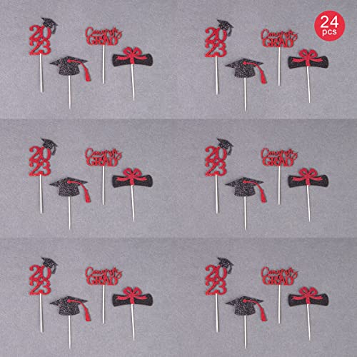 Gexolenu 24 Pcs Red Class Of 2023 Graduation Cupcake Toppers Double-Sided Glitter Grad Cap Cake Toppers For Graduation Party Supplies 2023 Graduate Party Cake Picks Graduation Decorations, Set Of 6 #TOP3