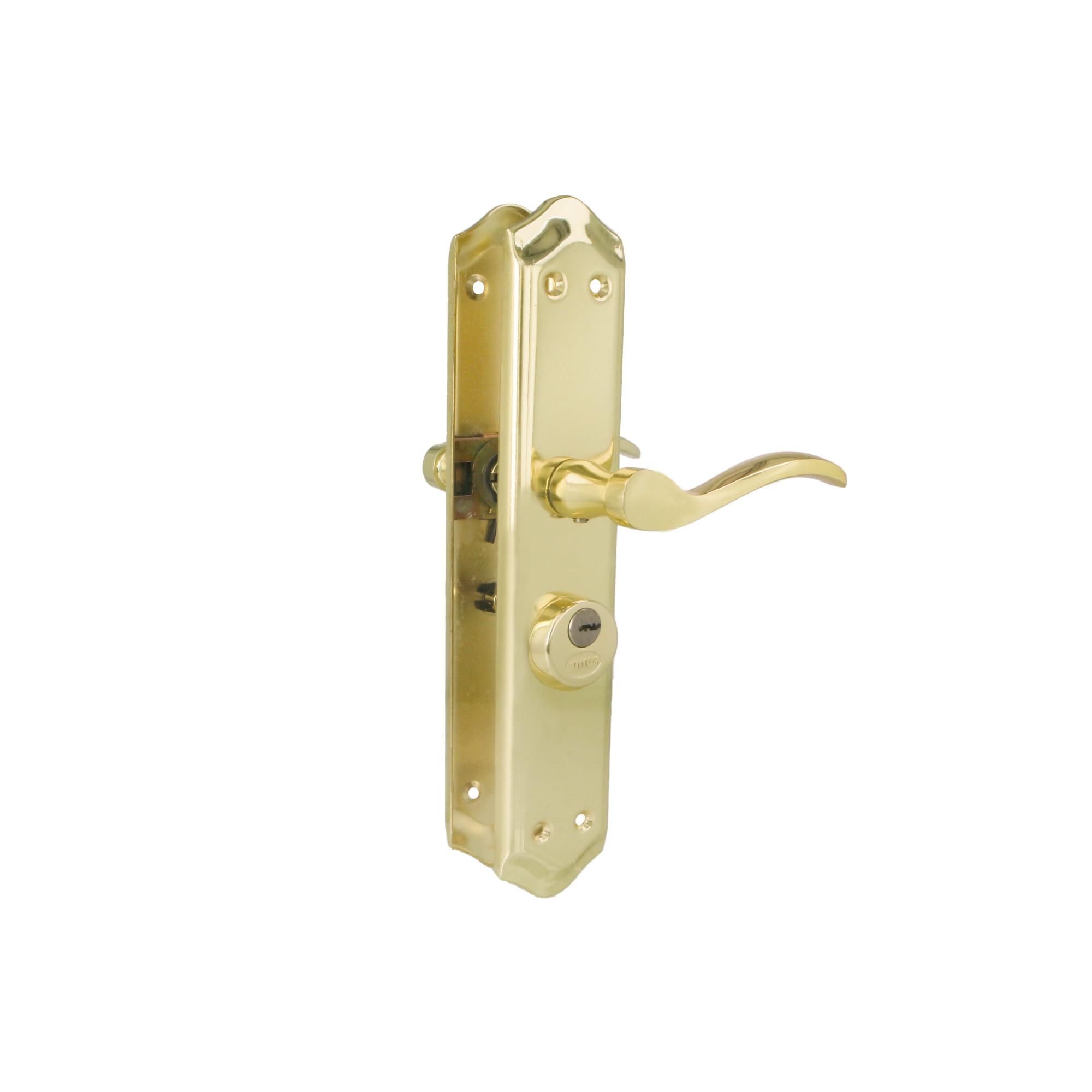 Amig, Right Door Handle Mod. ALFA with Lever Mod. 46, Brass Plated Steel, 255 x 48 mm, 8 mm Spindle, Incl. 2 Keys
