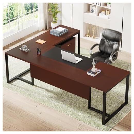 Tribesigns 70 Inches Executive Desk with File Cabinet, Large L Shaped Desk with Storage Cabinet, L Shaped Computer Desk with Drawer Cabinet, Dark Walnut
