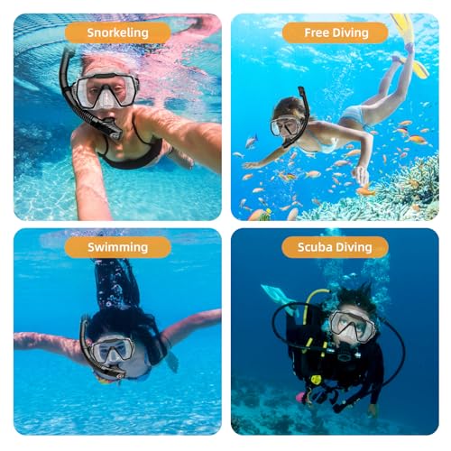 Snorkel Set Adults Snorkeling Gear Anti-Leak and Anti-Fog Tempered Glass Lens Panoramic View Swim Mask Dry Top Snorkel Kit for Snorkeling Scuba Diving Swimming Travel with Carry Bag - Thumbnail 7