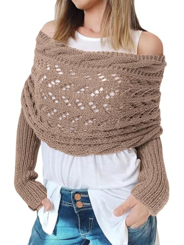 Rayson Ponchos de Punto Invierno con Mangas Grueso Corto Off Shoulder Elegante Capa Crochet Chals y Ponchos de Invierno Mujer(Caqui, Talla única)