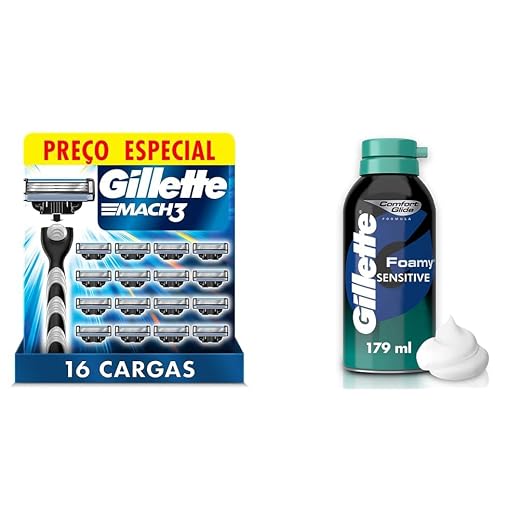 Combo Gillette Mach3 - Carga para Aparelho de Barbear, Leve 8 Pague 6 + Espuma de Barbear Gillette Foamy Sensitive 175g