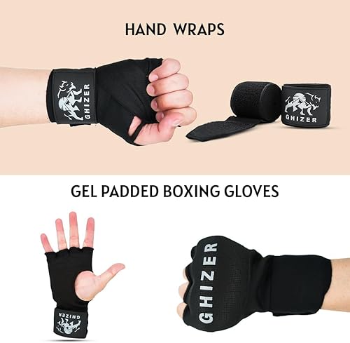 Miniatura 9 de Juego de guantes de gel, correas de muñeca rápidas de 31.5 in de largo y vendas de boxeo de 180 pulgadas elásticas con lazo para el pulgar.