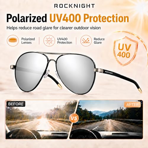 Image of ROCKNIGHT Polarized Aviator Sunglasses for Men Women Metal Frame Flat Top Sunglasses Ultralight Silver Mirror Lens UV400 Outdoors