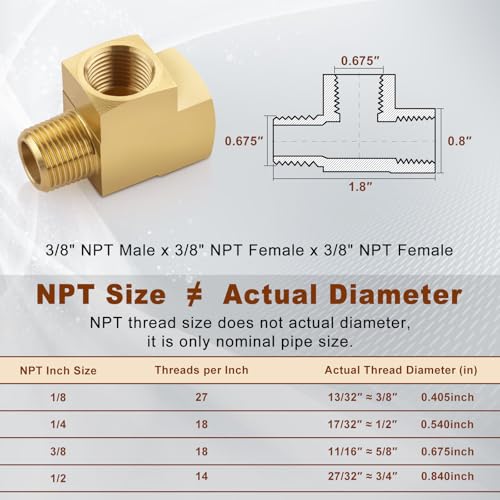Image of 2PCS 3 /8 inch NPT Female x 3 /8 inch NPT Male x 3 /8 inch NPT Female Brass Street Tee