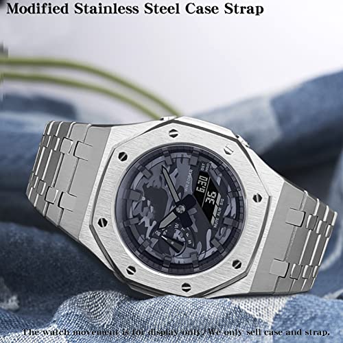 Image of GA2100 Stainless Steel Watch Case with Metal Watchband and Rubber Strap Mod Kit - Compatible with GA-2100 /GA-2110 /GA-B2100 Series - Watch Part Replacement