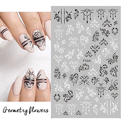 Lace Flowers Nail Stickers, Valentine Wedding Nail Decals White Black Lace Floral Nail 3D Stickers Leaf Flower Butterfly Elegant Wedding Nail Design Manicure Décor #TOP1