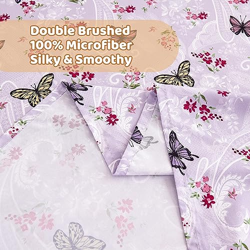 Image of Softan Floral Twin Size Sheet Set, Purple Paisley Flower Printed Sheets for Kids Girls, Brushed Microfiber Fitted Sheet with 15 inch Deep Pocket & Non-Slip Straps, Butterfly Patterned Sheets