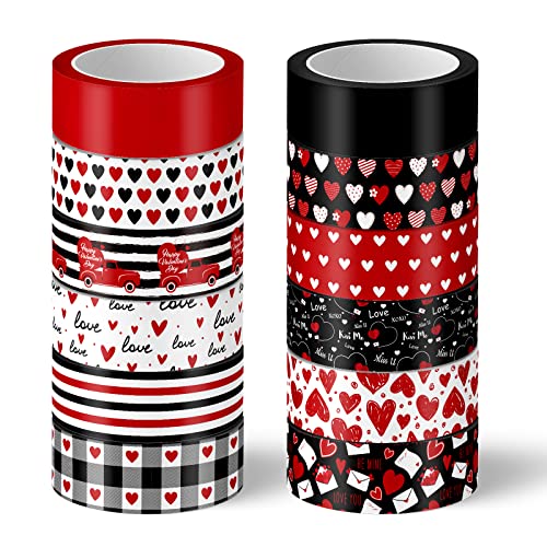 Whaline 12 Rolls Valentines Day Washi Tape Red Black Love Heart Truck Plaid Washi Masking Tape for Wedding Scrapbook Journal DIY Craft 16.4Ft