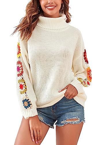 Image of ZAFUL Flower Crochet Turtleneck Sweater for Women Pullover Puff Long Sleeve Boho Knit Sweaters Trendy Knitwear Tops