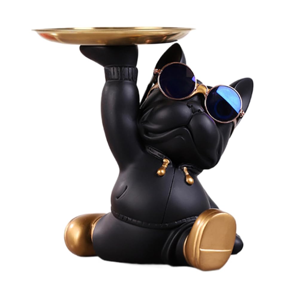 Statua Del Bulldog Francese con Vassoio in Acciaio Inossidabile, Decorazioni Casa, Svuotatasche, Svuota Tasche da Ingresso Design, Porta Caramelle, Chiave Portaoggetti (Nero)