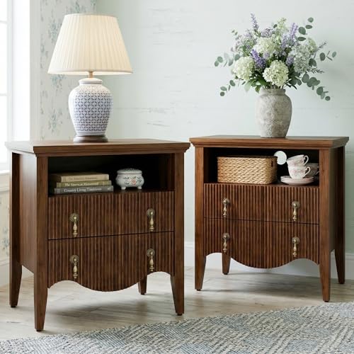 Image of FUSUNBAO Set of 2 Nightstands with Charging Station&2 Fluted Drawers,Walnut | Vintage Bedside Table, 2 Fluted Drawers and Open Shelf, Rustic End Table, Power Outlet and USB Ports, For Bedroom