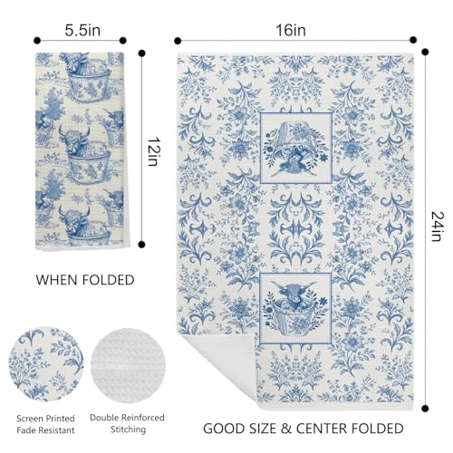 Image of Vintage Blue Chinoiserie Floral Highland Cow Kitchen Towels, Highland Cow Gifts Dish Tea Towels, Grandmillennial Farmhouse Heifer Decorative Hand Towel for Bathroom, 16x24 Inch Set of 2