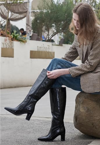 Faux Crocodile Leather Women's Knee High Boots 3.2 Inches Wide Calf Block Heel Pointed Toe with Side Zipper Tall Fall Boots Sparkly Metallic Boots2