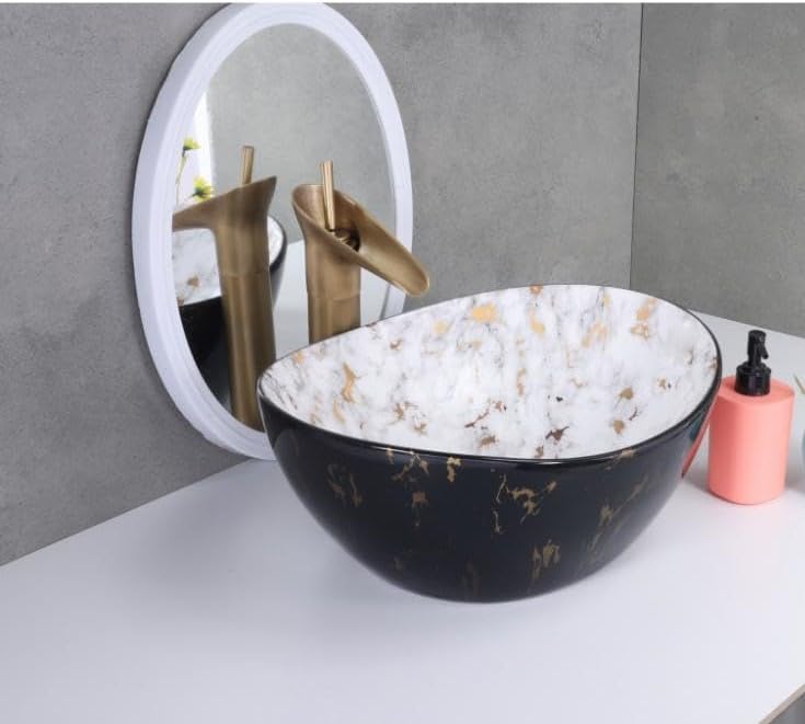 SEA SHORE IMPORTED Premium Designer Table Top Ceramic Wash Basin | Over Counter Bathroom Basin | Vessel Sink with Slim Rim Counter Top for Bathroom (40x32x14.5 CM, Black & White Gold Spot) (B0CSVZ1L38) Amazon Price History, Amazon Price Tracker