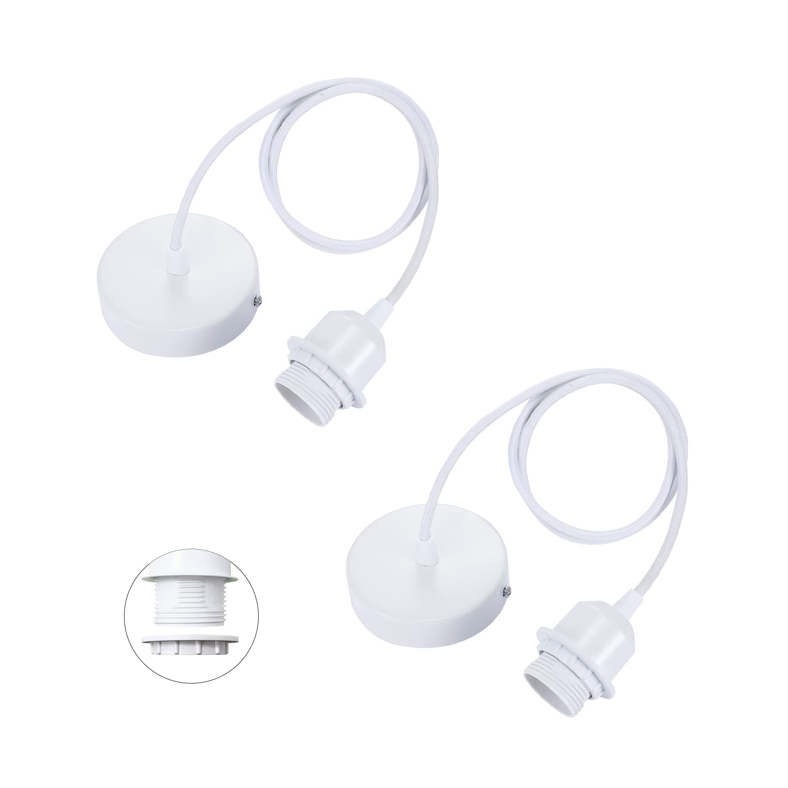 Linkind 2-Pack Metal E27 Pendant Light Fitting, Modern Industrial Lamp Holder with Lock Ring, 100cm Braided Flexible Cable, White