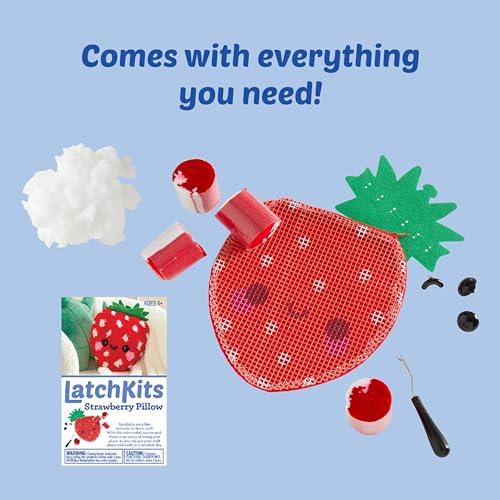 Image of LatchKits Strawberry Pillow - Latch Hook Kits for Kids, Arts and Crafts, Yarn Art, Kids Crafts, Toys for Girls, Birthday Gift for Girls, Easy to Follow Pattern, Hook Included, Craft Kits, Ages 6+