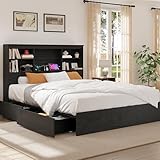 GarveeHome King Size Bed Frame with High Storage Bookcase Headboard, Wood Bed Frame with 4 Storage Drawers, Built in Charging Station, No Box Spring Needed, Metal Frame, Noise-Free, Vintage Black