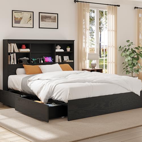GarveeHome Full Size Bed Frame with High Storage Bookcase Headboard, Wood Bed Frame with 4 Storage Drawers, Built in Charging Station, No Box Spring N