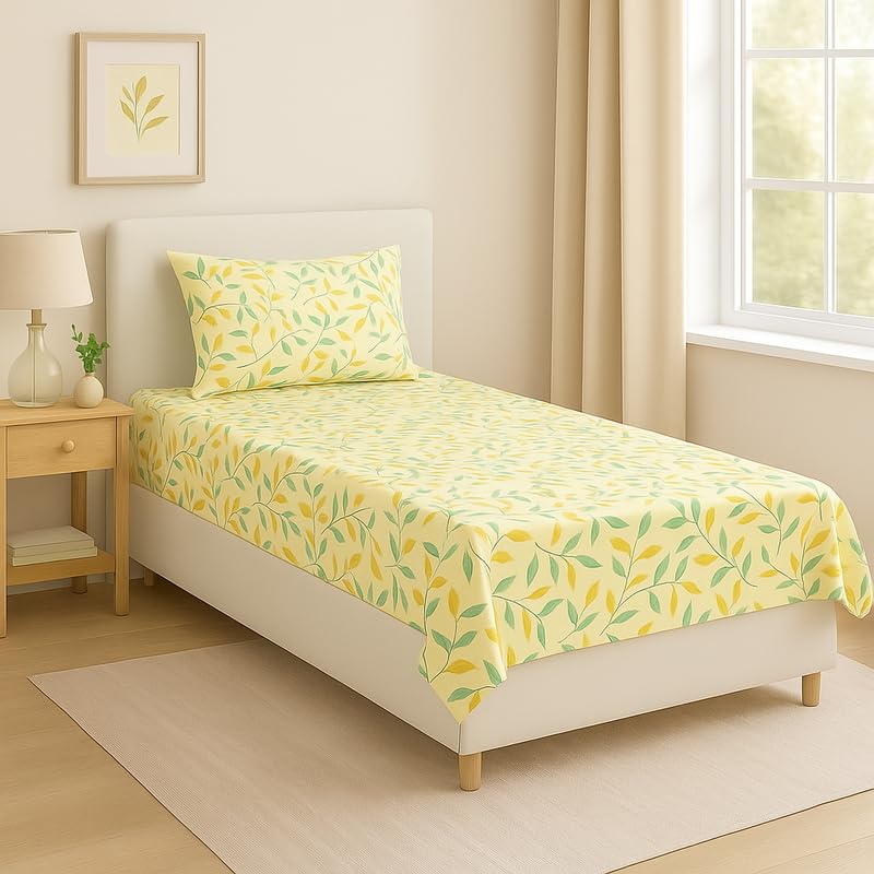 BSB HOME Flat Bedsheet for Single Bed with 1 Pillow Cover | Soft Touch Cotton | Comfortable & Durable | Size 90 x 60 Inch | Elegant Printed Bedding Set for Daily Use, Color - Beige and Green