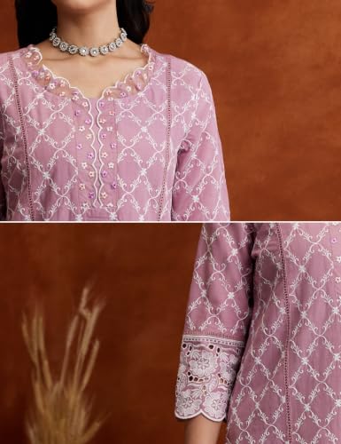 Image of Amazon Brand - Myx Women Embroidered Cotton Kurta Pant Set with Organza Dupatta (Available in Plus Sizes)