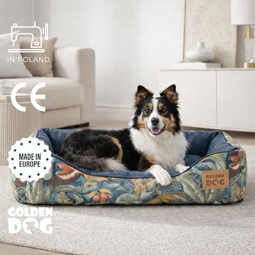 Golden Dog Hundebett Hundekorb Waschbarer Hundekorb Flauschige Hundematratze mit erhöhten Rändern Weiches Hundesofa, Katzen Samt „Square Kinia“ (Vögel, XL)