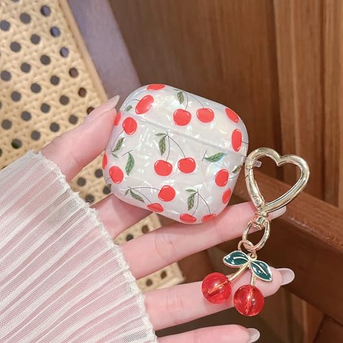 Image of MINSCOSE for AirPods 4 Clear Case,Cute Glitter Cherry Leaves Pattern Aesthetic Design with Cherry HeartShaped Keychain,Soft TPU Protective Shockproof Case for Women Girls for Airpods 4-Red