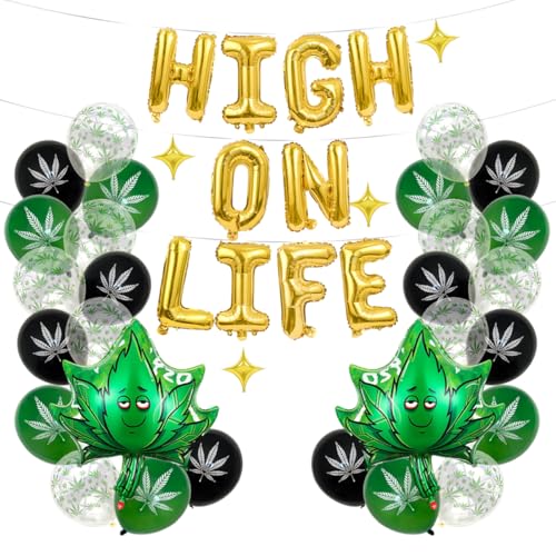 Ballons en latex cannabis et bannière dorée pour anniversaire 420