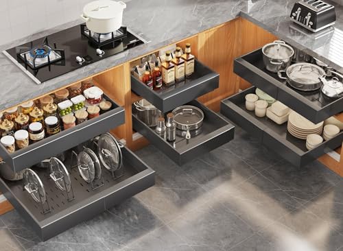 6Pack Expandable Pull Out Cabinet Organizer 21"Deep with Raising Pad for Framed Cabinets,Slide Out Drawers with 4pcs Divider Racks,Roll Out Shelves Adhesive,Adjustable Width 12.05"-20.4"Black