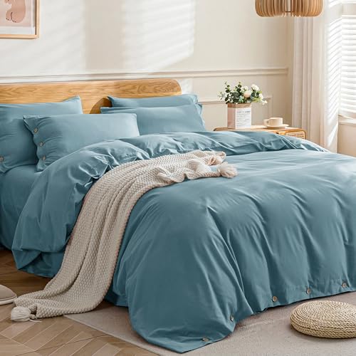 Image of JELLYMONI Cotton Duvet Cover Queen Size - Grayish Blue Comforter Cover with Button 100% Washed Cotton 3PCS Breathable Soft Solid Bedding Set Duvet Cover 90x90in & 2 Pillowcases (NO Comforter)