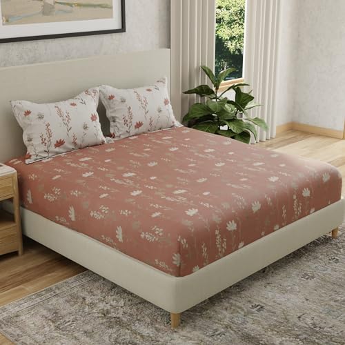 Image of HUESLAND by Ahmedabad Cotton 144 TC Cotton Elastic Fitted Bedsheet King Size with 2 Pillow Covers | 72 x 78 inches
