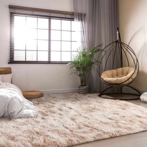 HOMORE Soft Fluffy Rug for Bedroom, Tie Dye Rugs for Living Room, Non Slip Shaggy Plush Carpet for Kids Nursery Toddler, 4x6 Feet Area Rugs for Room Floor, Light Brown