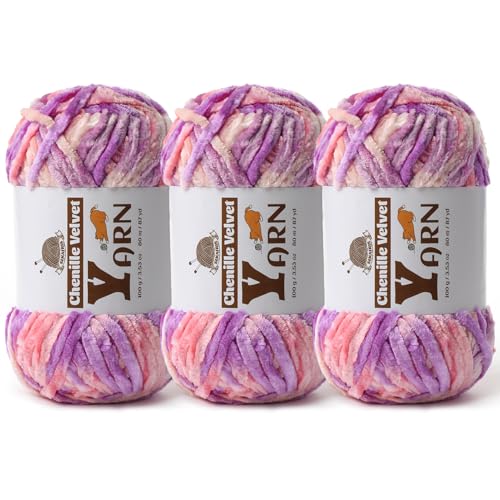 Image of 3 Pack Plush Chenille Chunky Yarn - Fluffy Velvet Yarn Crochet for Blanket Knitting and Crocheting - Soft Baby Yarns for Crocheting - Amigurumi Crochet Yarns 100g (87yds) (Pinkish Purple)