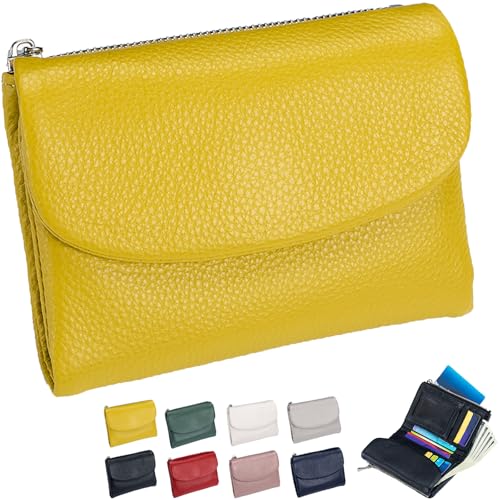 Unisex Pebble Leather Wallet, Pebble Leather Wallets for Women, 5.3In Short Genuine Leather Coin Card Holder, Card Holder & Coin Purse (Yellow)