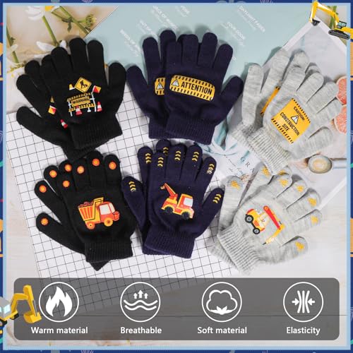 6 Pairs Kid’s Magic Gloves, Unisex Stretch Mittern Children's Warm Knit Gloves Winter Thermal Glove Full Fingers Glove Cold Weather Mitterns Excavator Slogan Pattern for Boys Girls 4-12 Years4