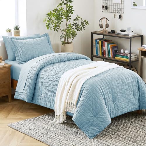 Image of CozyLux Twin XL Comforter Set for College Dorm, 5 Pieces Light Blue Seersucker Twin Extra Long Bed in a Bag, Soft Down Alternative Bedding Set with Comforter, Sheets, Pillowcase & Sham, Back to School