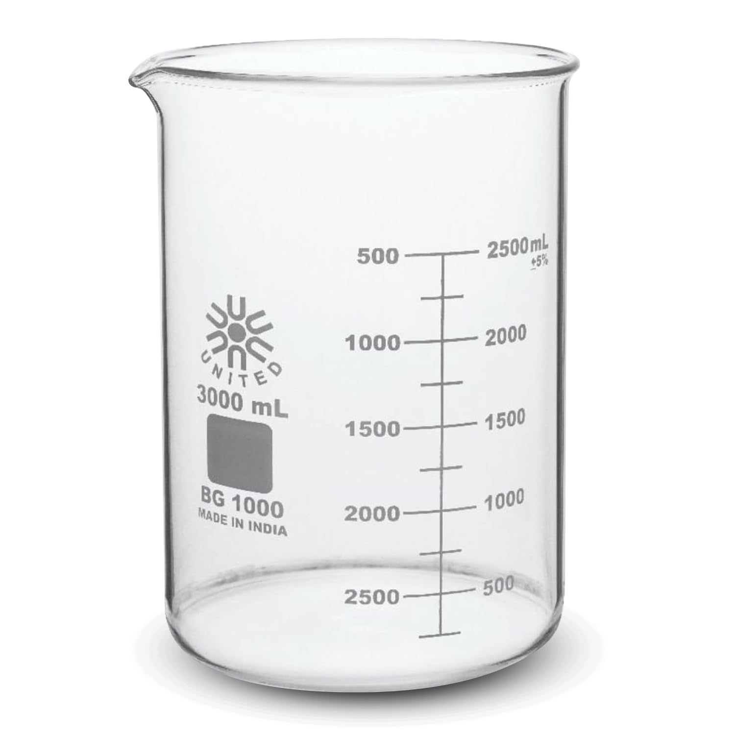 United Scientific™ (3L) 3000mL Beaker - Low Form Griffin, Double Scale Graduation, 3.3 Borosilicate Glass Beaker with Pour Spout, Beaded Rim and Autoclavable, 1 Each