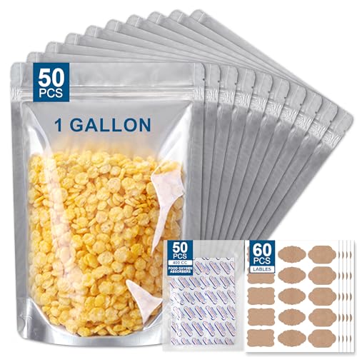 50 Packs 1 Gallon Mylar Bags for Food Storage with Clear Window,Reusable Mylar Bags with Oxygen Absorber for Grains, Wheat, Rice, Legumes, Meat Long Term Food Storage (9.44 mils,14 * 10 Inch)