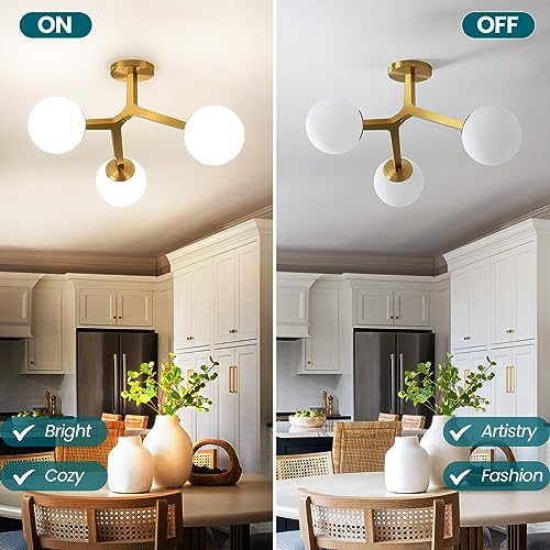 Image of Semi Flush Mount Ceiling Light Fixture 3-Light Modern Gold Sputnik Chandelier with Globe Milky Frosted Glass Shade E12 Sputnik Ceiling Light for Kitchen, Hallway Light Fixtures Ceiling