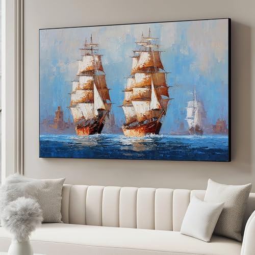 Toile vintage grands voiliers 80x110cm paysage océanique avec cadre