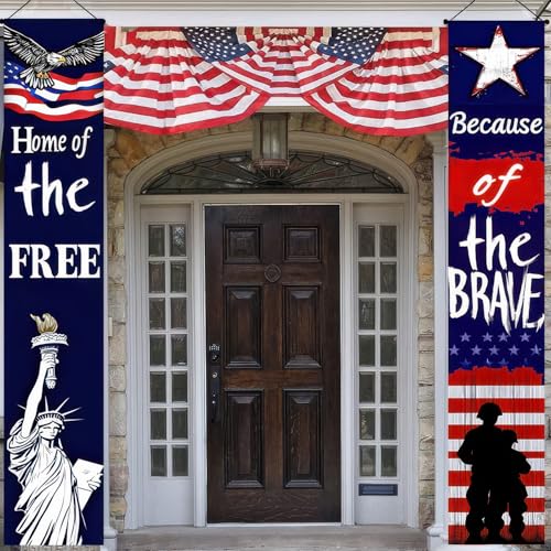 Image of BlissYard 2Pcs 4th of July Decorations Banner American Patriotic Door Banners Hanging Porch Signs Independence Day Banner for Veterans Day Memorial Day Patriotic Decor for Indoor Outdoor Supplies